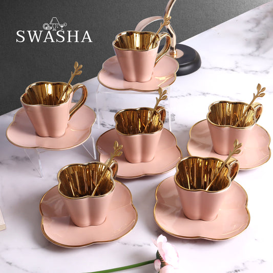 Swasha Premium Tea/Coffee Cup and Saucer With Spoon- Set Of 6 (Golden Finish)