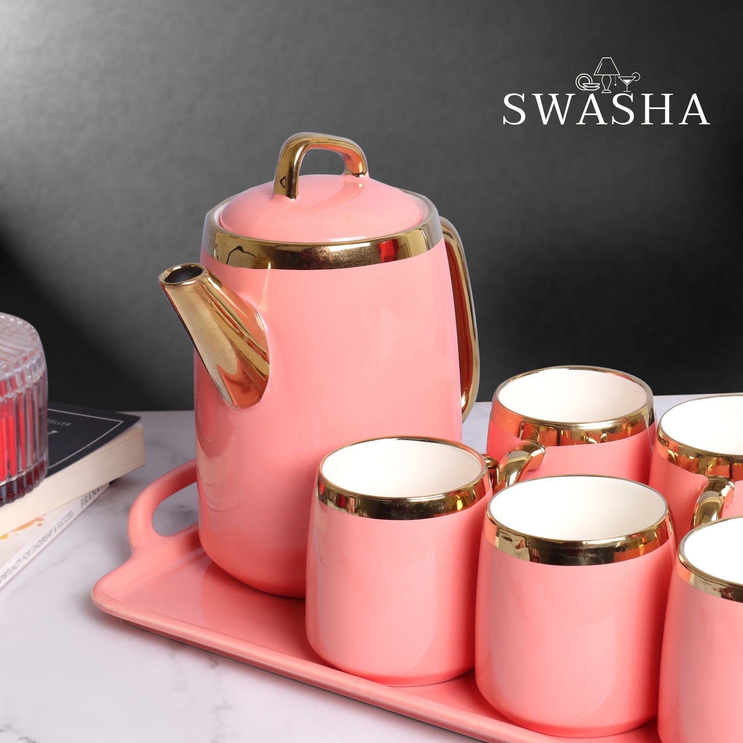 Swasha Ceramic Cups and Kettle Set of 6 With Tray