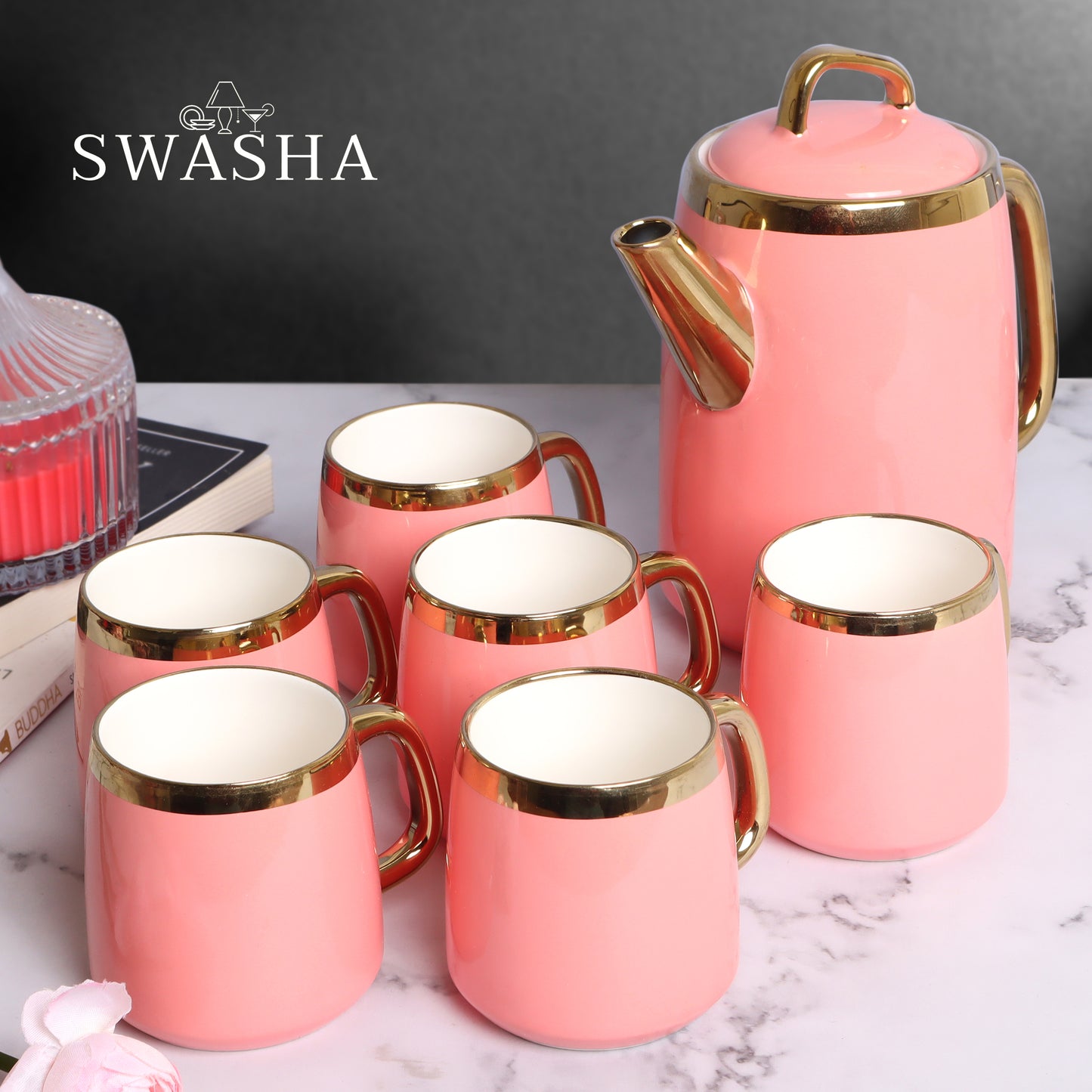 Swasha Ceramic Cups and Kettle Set of 6 With Tray