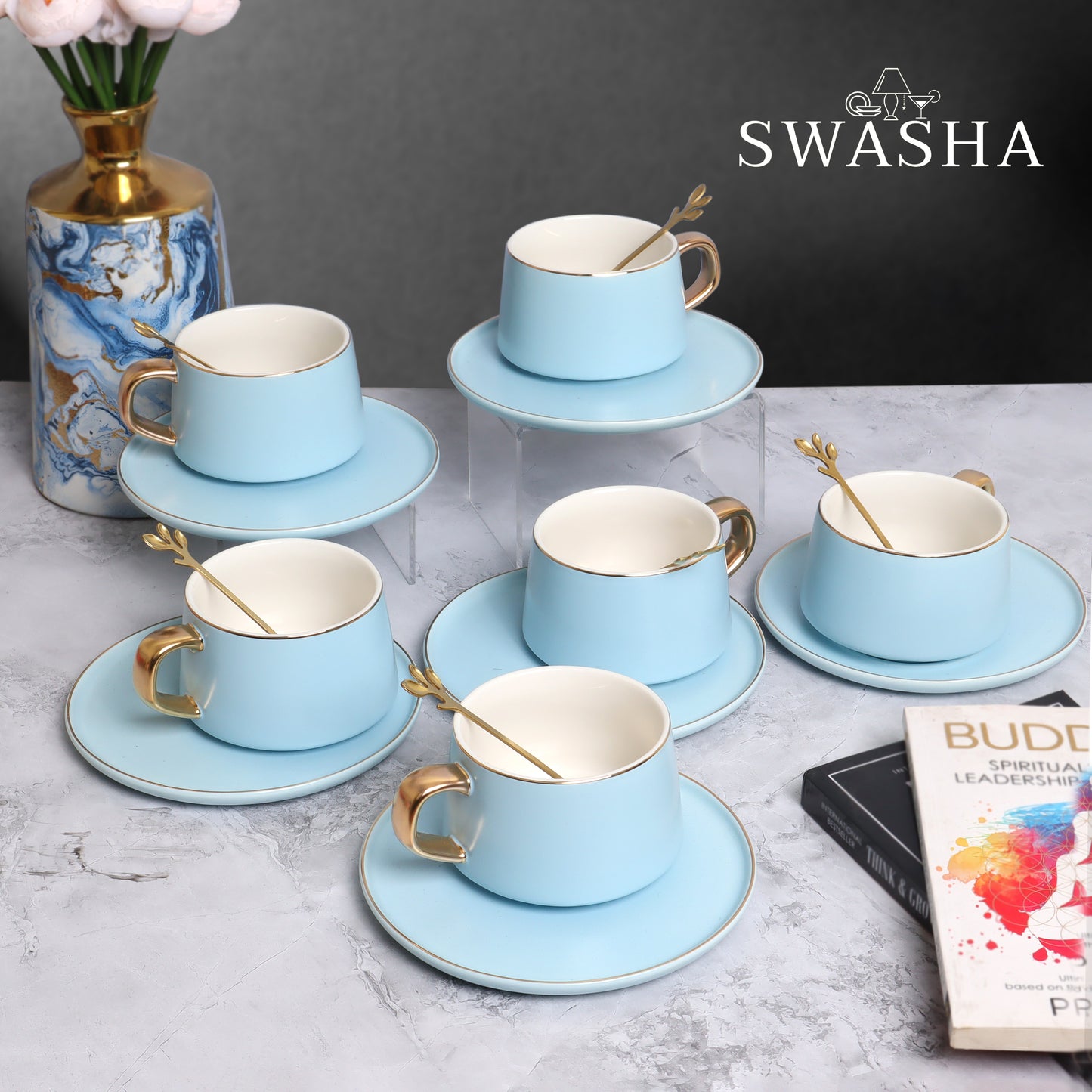 Swasha Ceramic Cups and Saucers With Spoons Set Of 6 (300ml) | Tableware