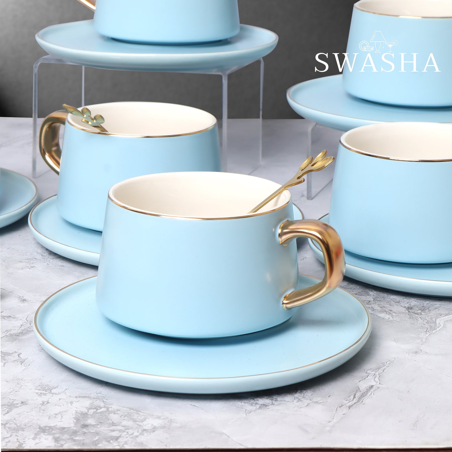 Swasha Ceramic Cups and Saucers With Spoons Set Of 6 (300ml) | Tableware