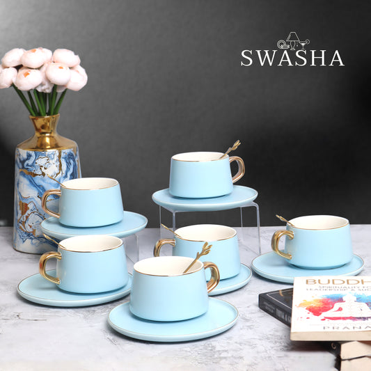 Swasha Ceramic Cups and Saucers With Spoons Set Of 6 (300ml) | Tableware