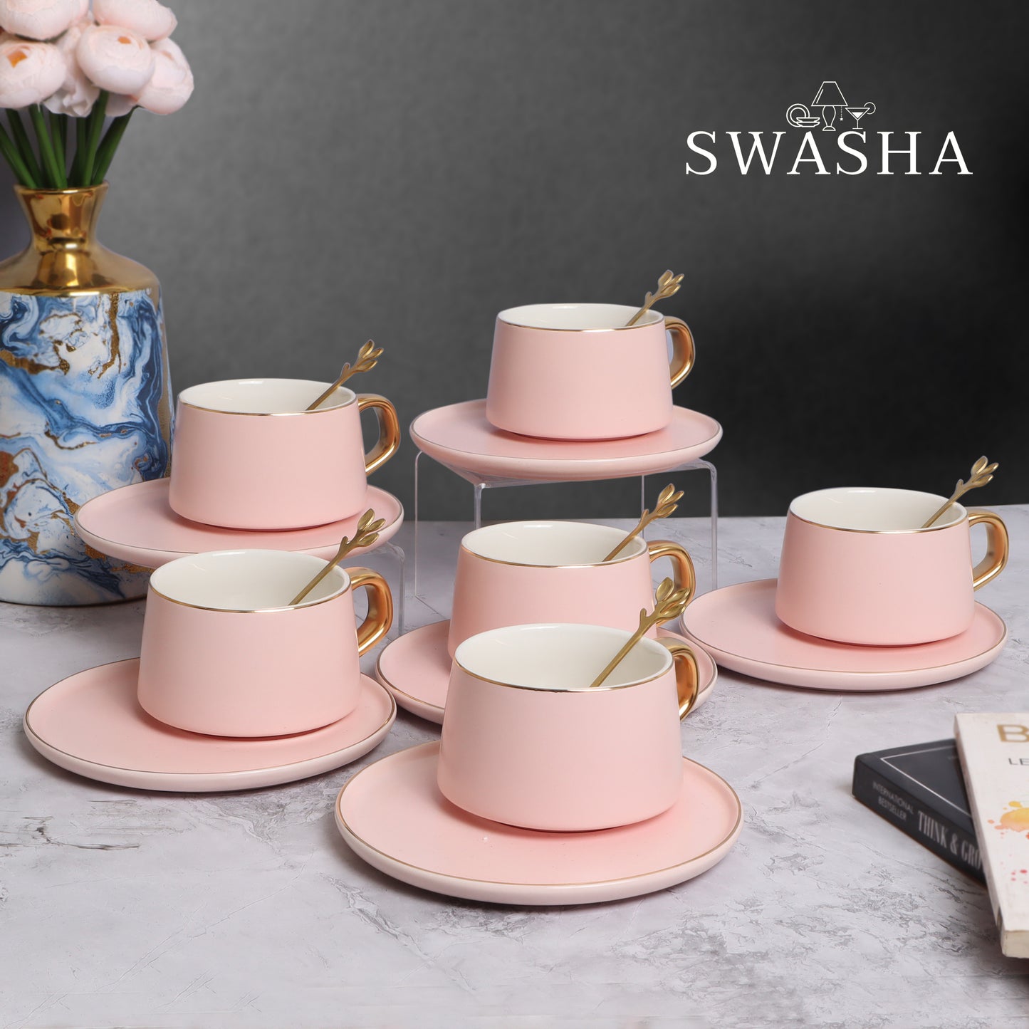 Swasha Ceramic Cups and Saucers With Spoons Set Of 6 (300ml) | Tableware