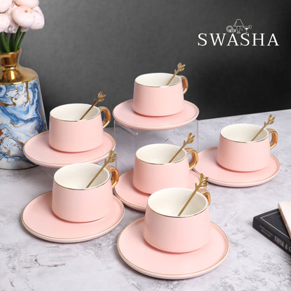 Swasha Ceramic Cups and Saucers With Spoons Set Of 6 (300ml) | Tableware