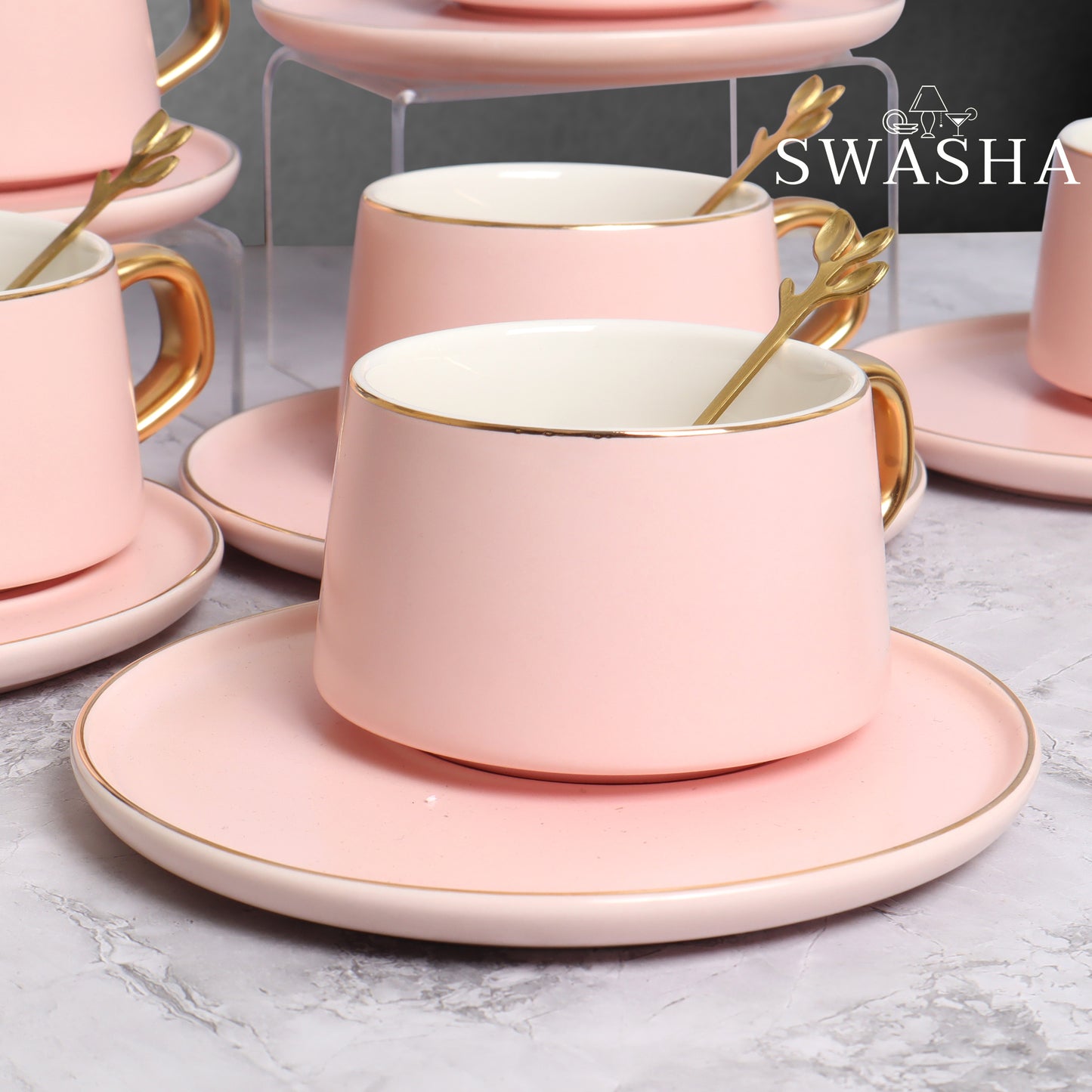 Swasha Ceramic Cups and Saucers With Spoons Set Of 6 (300ml) | Tableware