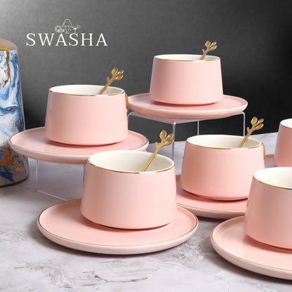 Swasha Ceramic Cups and Saucers With Spoons Set Of 6 (300ml) | Tableware