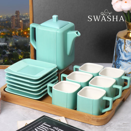 Swasha Luxury Ceramic Cup, Saucer and Kettle Set of 6 With Tray (Square)