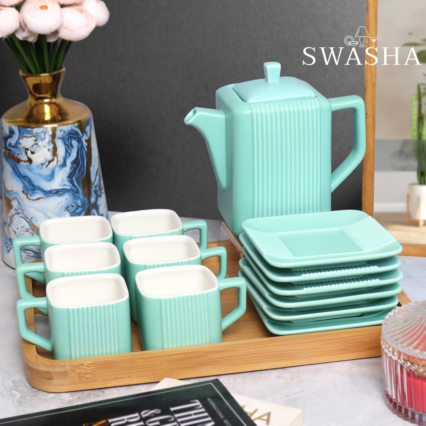 Swasha Luxury Ceramic Cup, Saucer and Kettle Set of 6 With Tray (Square)