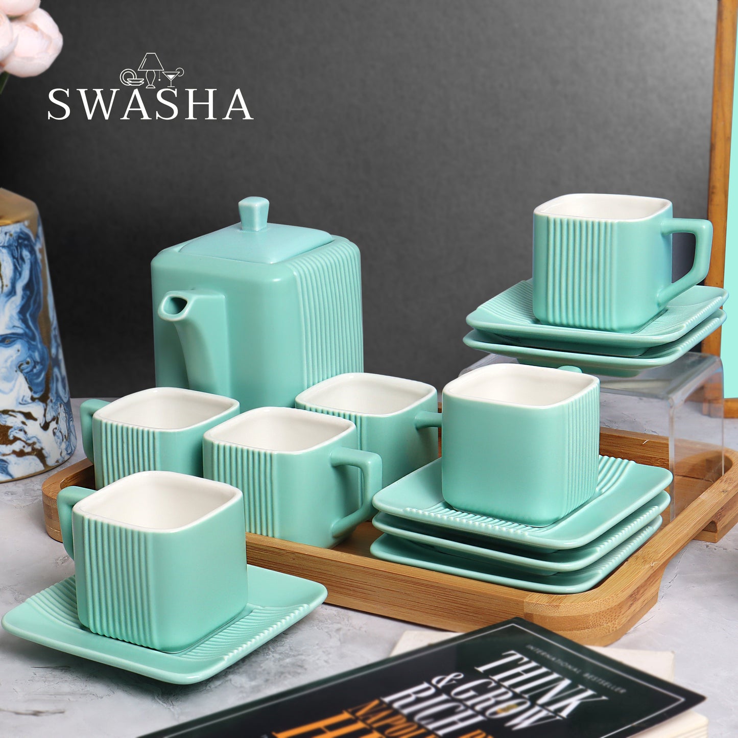 Swasha Luxury Ceramic Cup, Saucer and Kettle Set of 6 With Tray (Square)