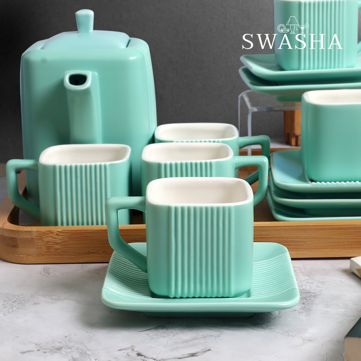 Swasha Luxury Ceramic Cup, Saucer and Kettle Set of 6 With Tray (Square)