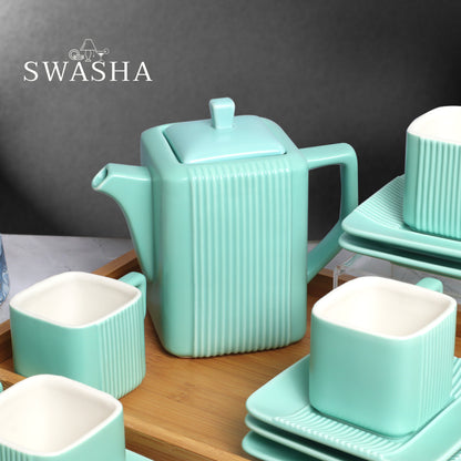 Swasha Luxury Ceramic Cup, Saucer and Kettle Set of 6 With Tray (Square)