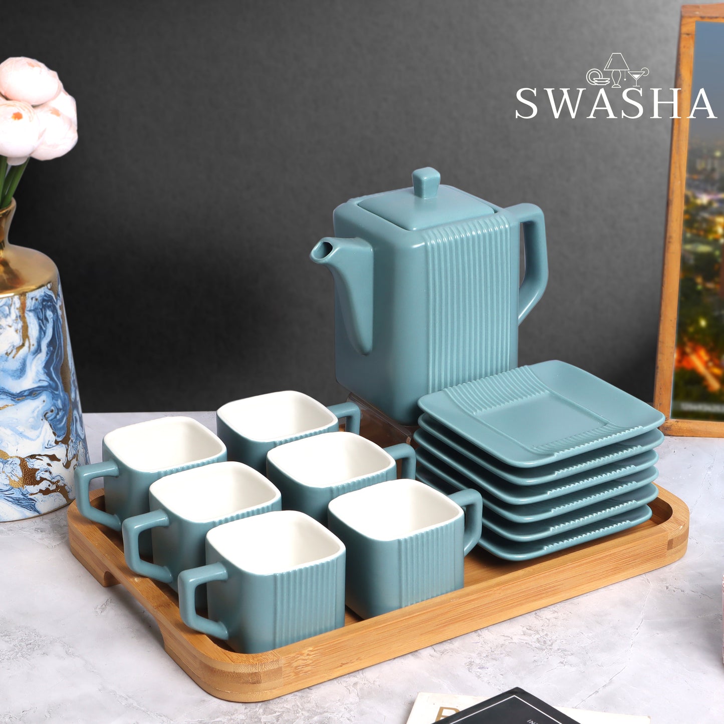 Swasha Luxury Ceramic Cup, Saucer and Kettle Set of 6 With Tray (Square)