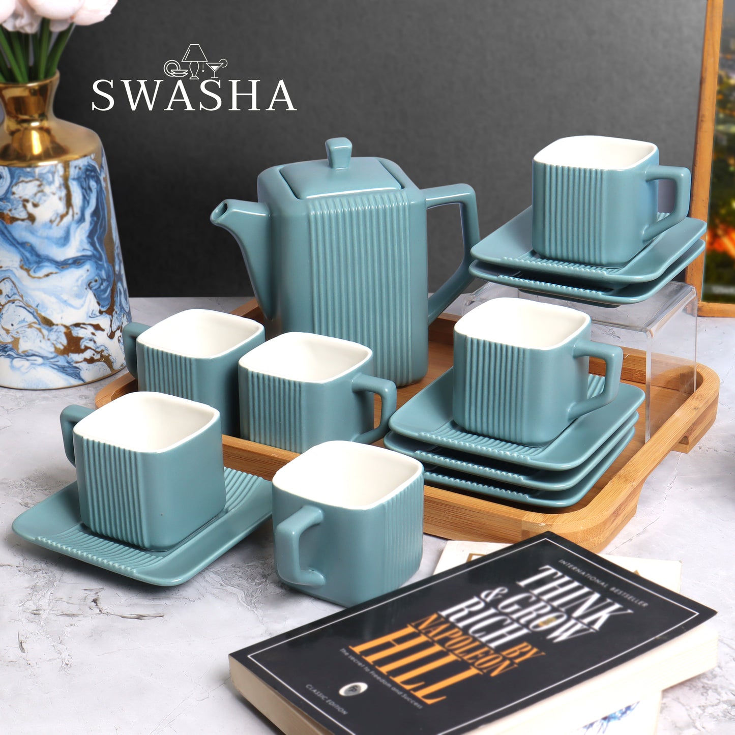 Swasha Luxury Ceramic Cup, Saucer and Kettle Set of 6 With Tray (Square)