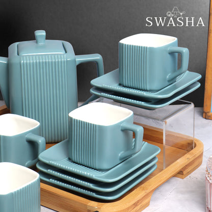 Swasha Luxury Ceramic Cup, Saucer and Kettle Set of 6 With Tray (Square)