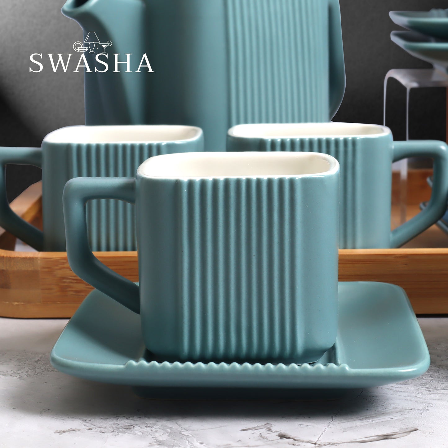 Swasha Luxury Ceramic Cup, Saucer and Kettle Set of 6 With Tray (Square)