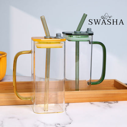 Upgrade Your Sipping Experience with Square Glass Tumbler & Glass Straw (Multicolor-Set Of 2)