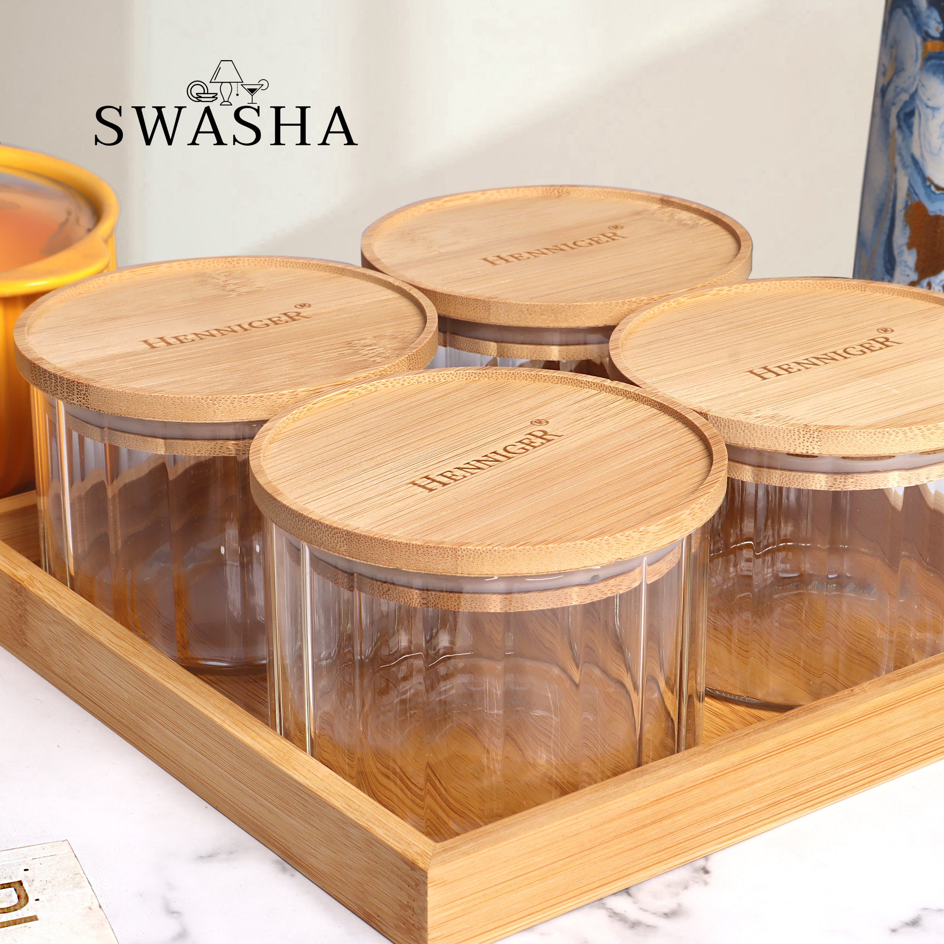 Airtight Jar Set of 4 with Wooden Tray