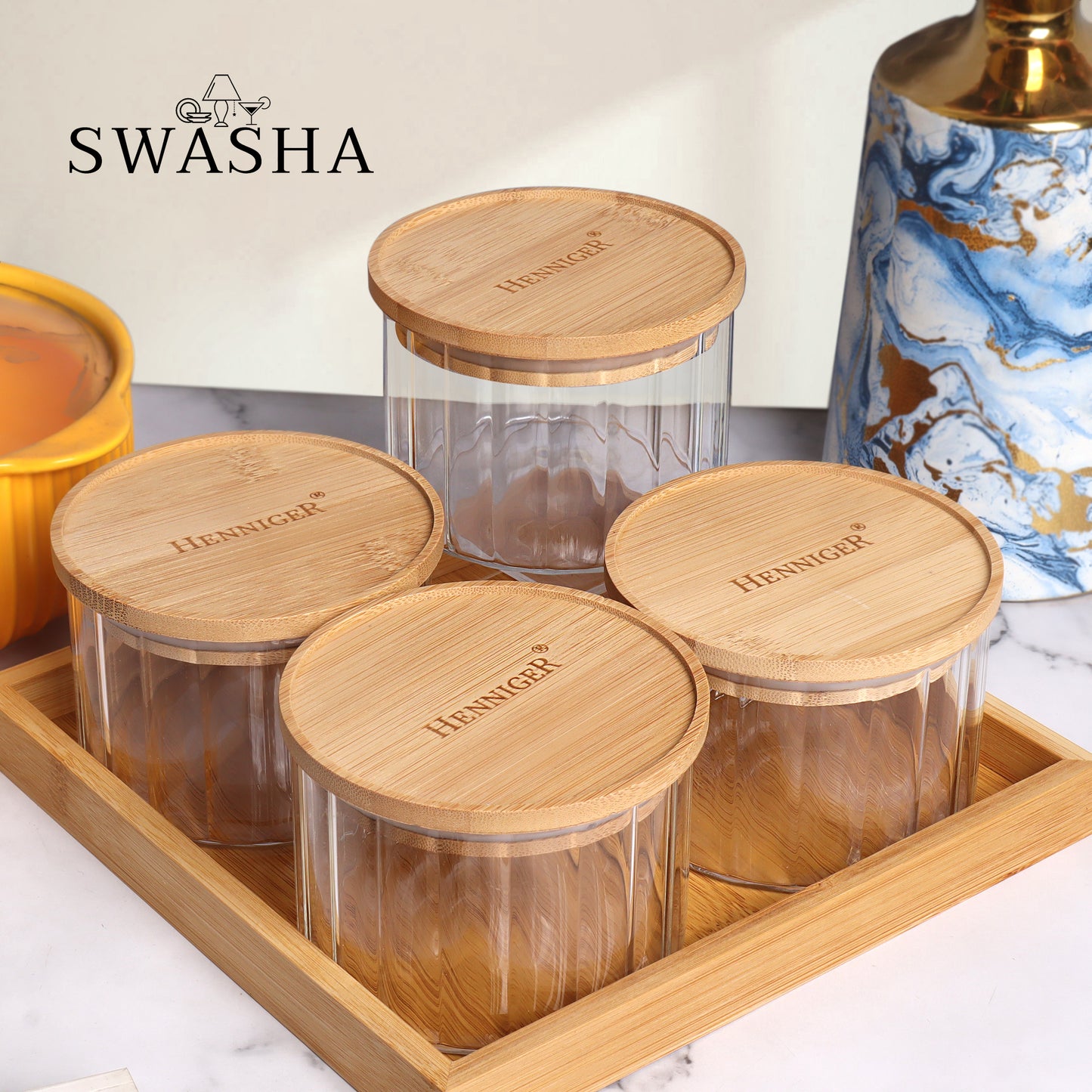 Airtight Jar Set of 4 with Wooden Tray