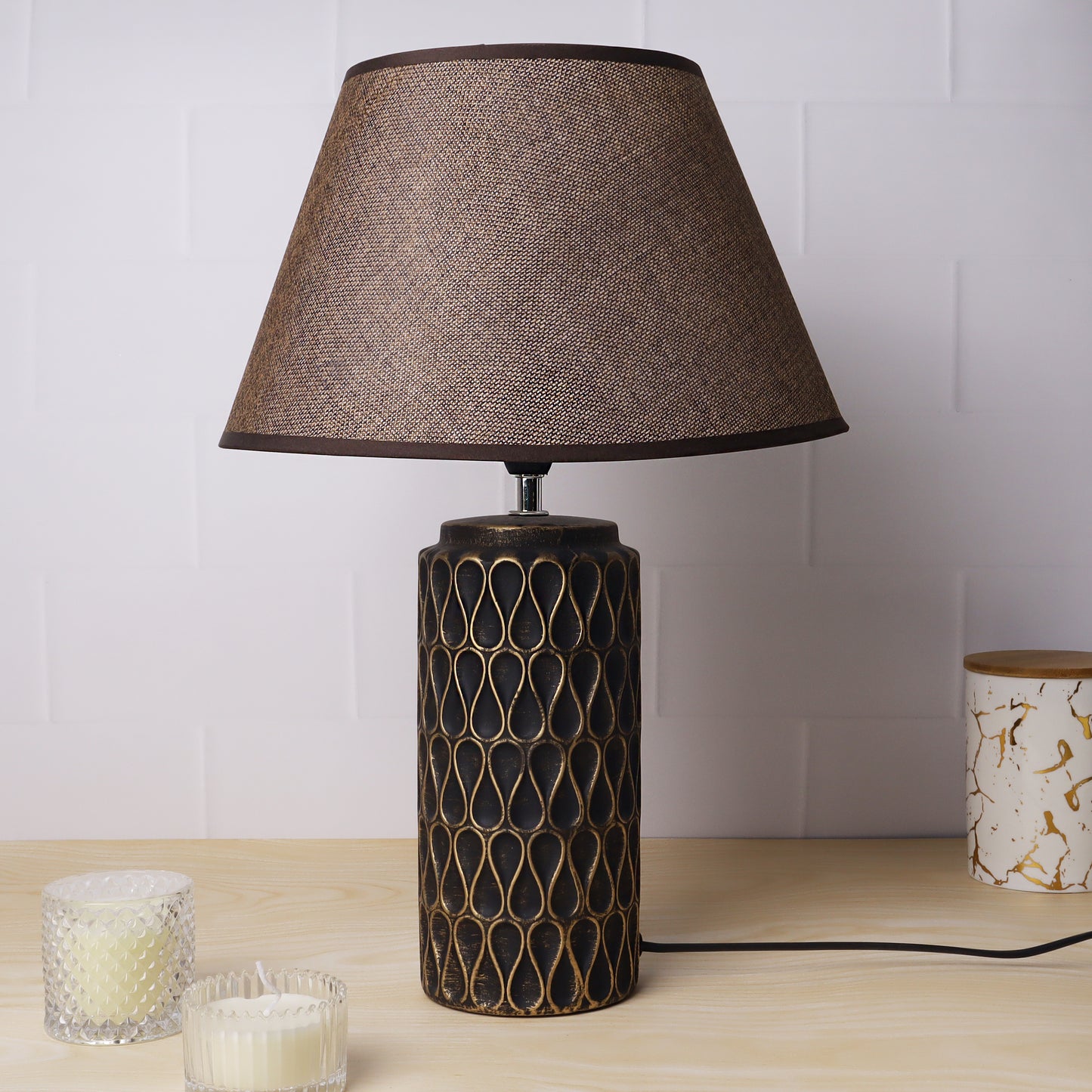  ceramic table lamp with textured base and linen shade, illuminating warmth and elegance