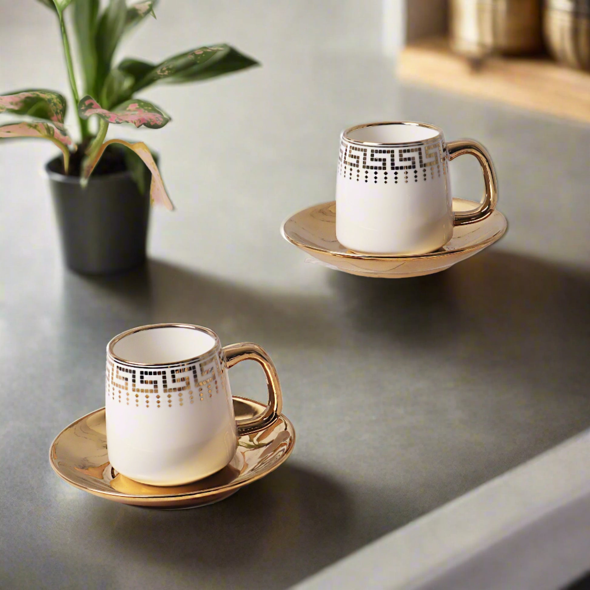 Set of 6 elegant cup and saucer pairs - perfect for refined tea or coffee moments