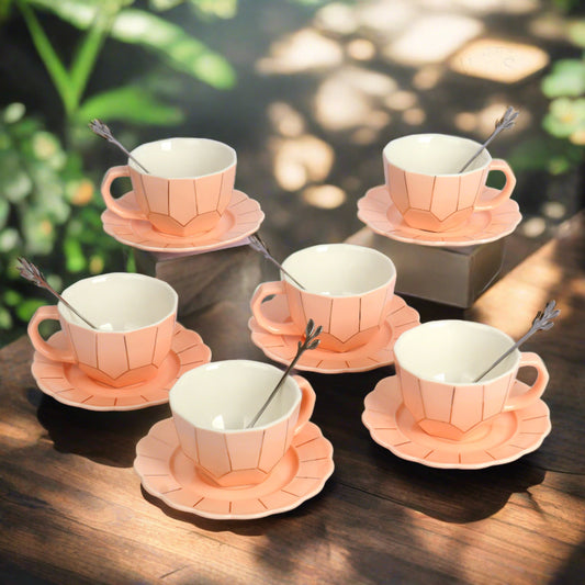 Ceramic Cup and Saucer Set with Spoon - Set of 6