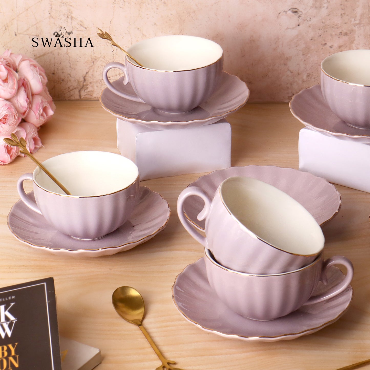 Swasha Coffee, Tea Cup and Saucer with Spoon (Set of 6)