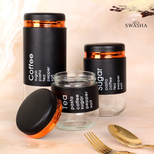 Swasha Tea Coffee Glass Jar Set of 3 - Airtight Storage Containers for Kitchen Pantry (Black)