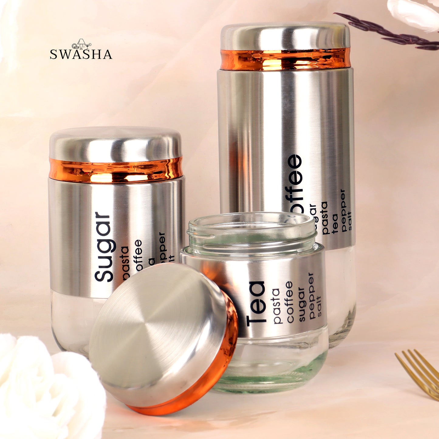 Swasha Tea Coffee Glass Jar Set of 3 - Airtight Storage Canisters (Large, Medium, Small)