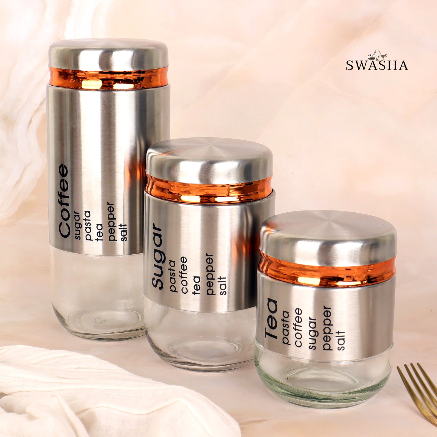 Swasha Tea Coffee Glass Jar Set of 3 - Airtight Storage Canisters (Large, Medium, Small)