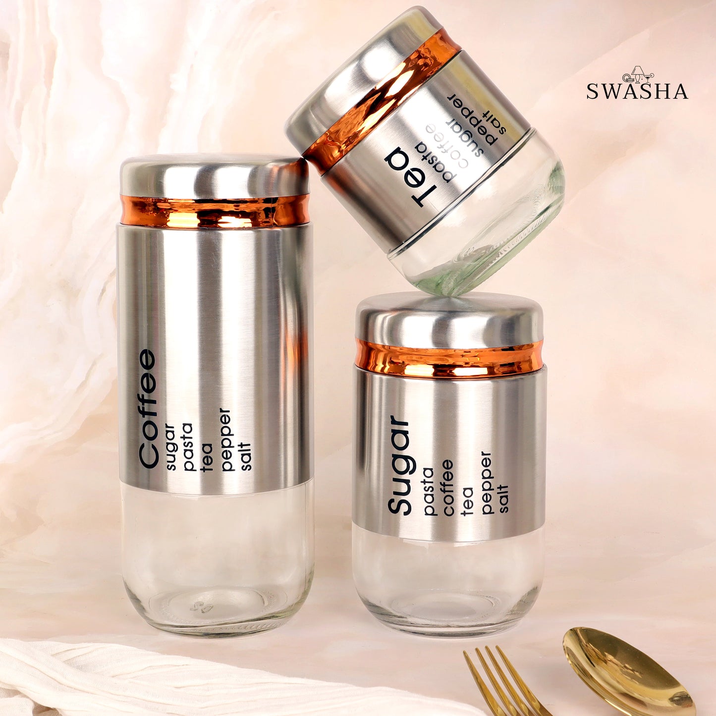 Swasha Tea Coffee Glass Jar Set of 3 - Airtight Storage Canisters (Large, Medium, Small)