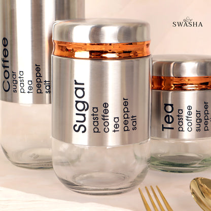 Swasha Tea Coffee Glass Jar Set of 3 - Airtight Storage Canisters (Large, Medium, Small)