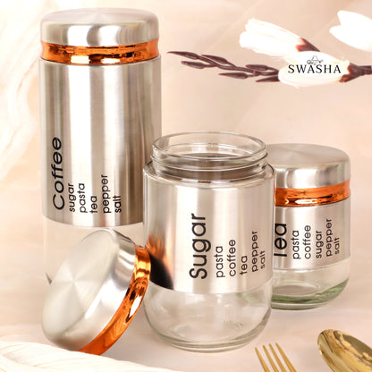 Swasha Tea Coffee Glass Jar Set of 3 - Airtight Storage Canisters (Large, Medium, Small)