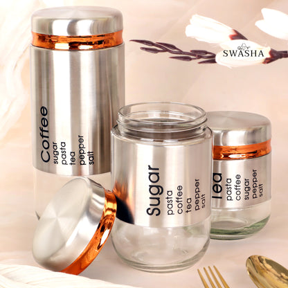 Swasha Tea Coffee Glass Jar Set of 3 - Airtight Storage Canisters (Large, Medium, Small)