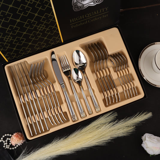 Swasha Home Decor: Luxurious 24-Pieces Stainless Steel Golden-Silver Cutlery Set | Trendy Dining Essentials