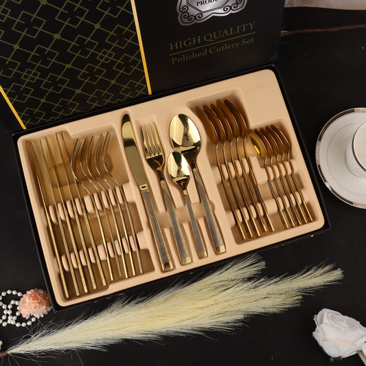 Swasha Home Decor: Luxurious 24-Pieces Stainless Steel Golden Cutlery Set | Trendy Dining Essentials