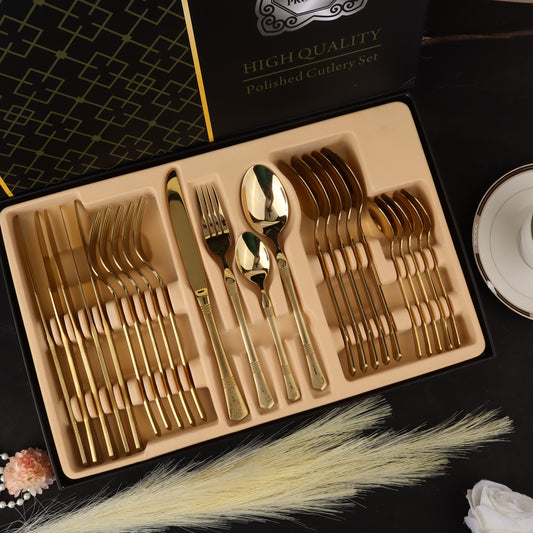 Swasha Luxurious 24-Pieces Stainless Steel Golden Cutlery Set | Trendy Dining Essentials