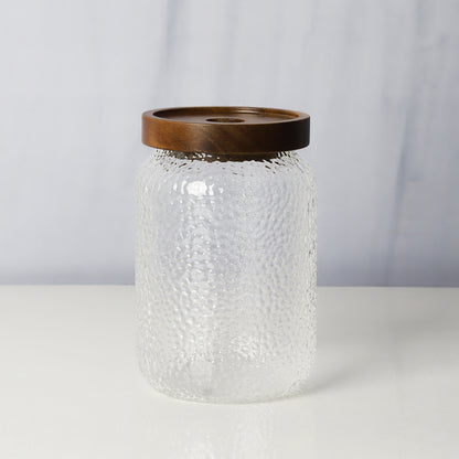 Glass jars/containers with stylish wooden lids - ideal for organized storage solutions