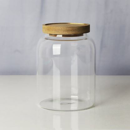 Glass jars/containers with stylish wooden lids - ideal for organized storage solutions