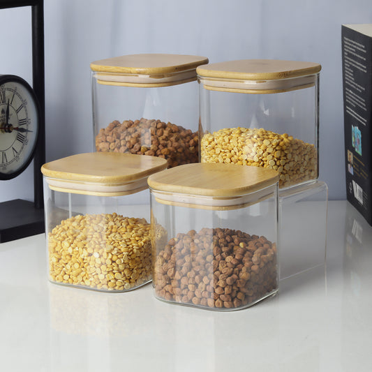 Glass jars/containers with stylish wooden lids - ideal for organized storage solutions