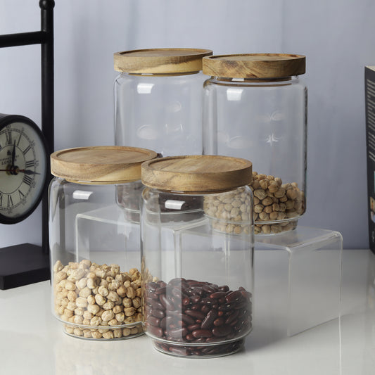 Glass jars/containers with stylish wooden lids - ideal for organized storage solutions