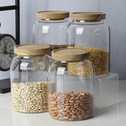 Glass jars/containers with stylish wooden lids - ideal for organized storage solutions