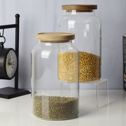 Glass jars/containers with stylish wooden lids - ideal for organized storage solutions