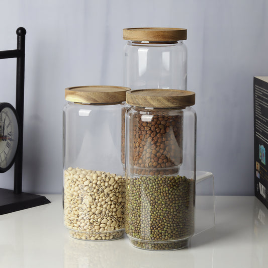 Glass jars/containers with stylish wooden lids - ideal for organized storage solutions