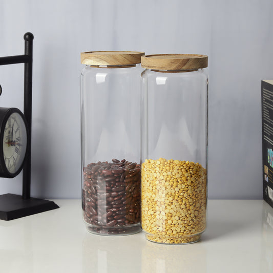 Glass jars/containers with stylish wooden lids - ideal for organized storage solutions