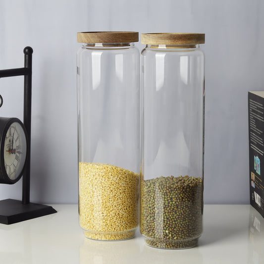 Glass jars/containers with stylish wooden lids - ideal for organized storage solutions