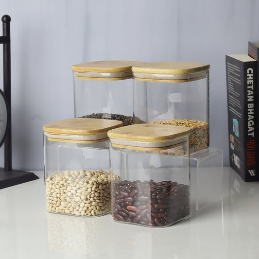 Glass jars/containers with stylish wooden lids - ideal for organized storage solutions