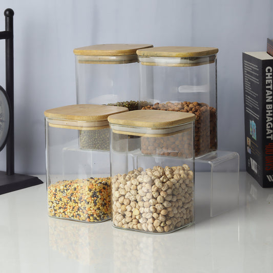 Glass jars/containers with stylish wooden lids - ideal for organized storage solutions