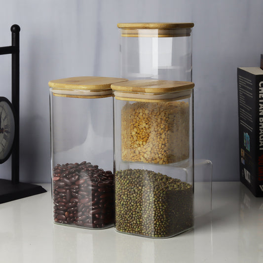 Glass jars/containers with stylish wooden lids - ideal for organized storage solutions