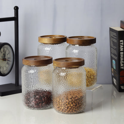 Glass jars/containers with stylish wooden lids - ideal for organized storage solutions