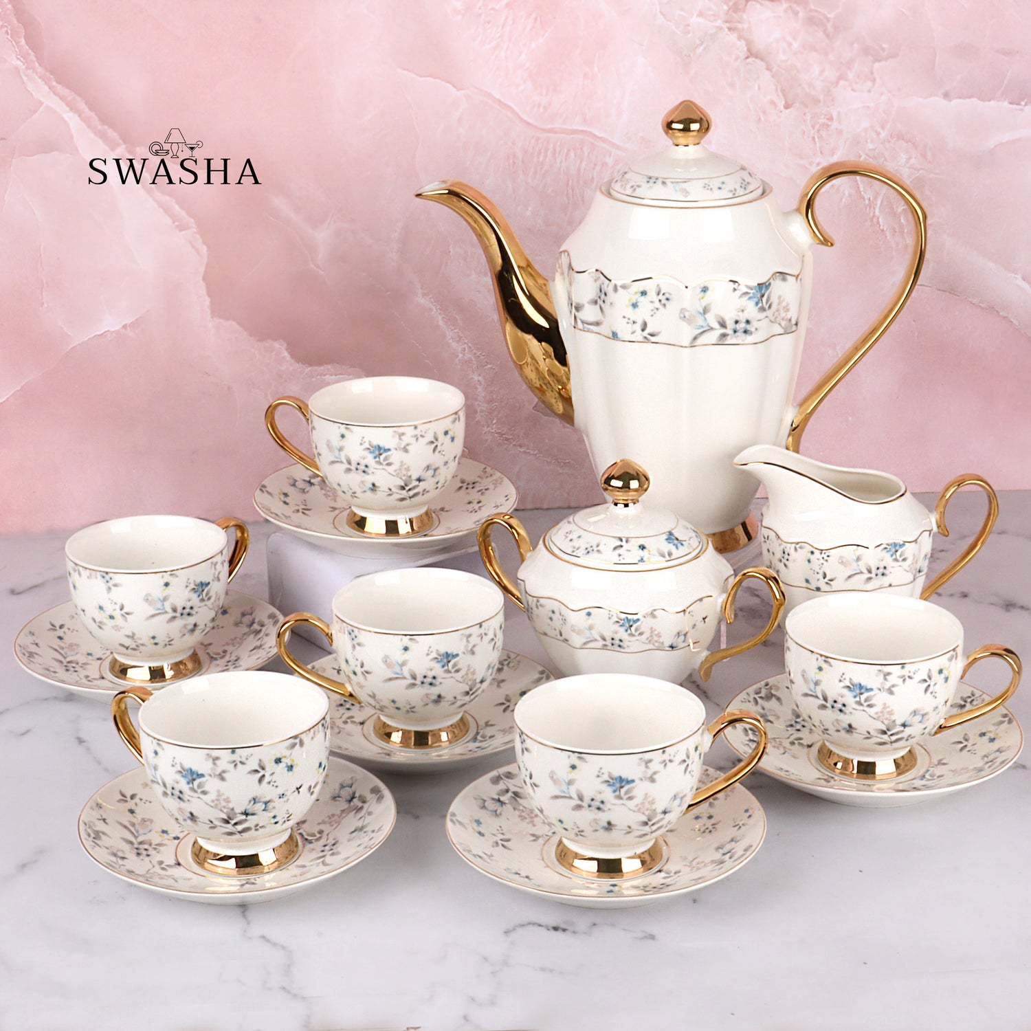 17-Piece Porcelain Tea Set with Kettle, Milk Pot & Sugar Pot – Swasha